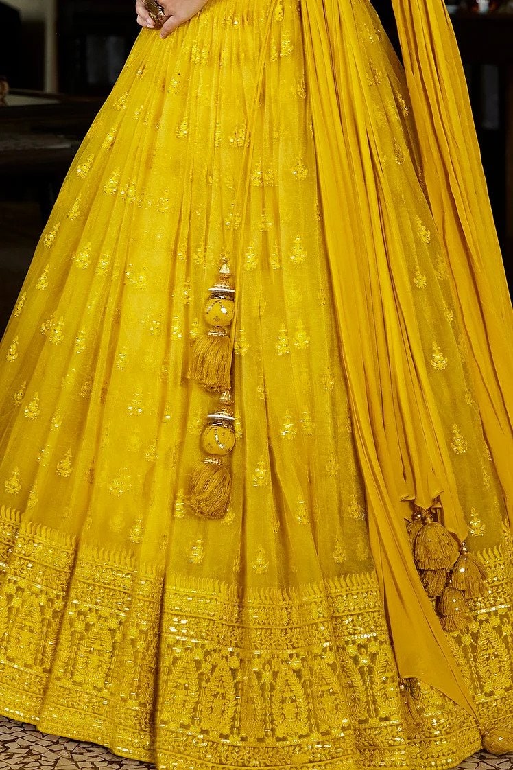 Mustard Yellow Lehenga Choli In Georgette Silk With Sequence Embroidery Work