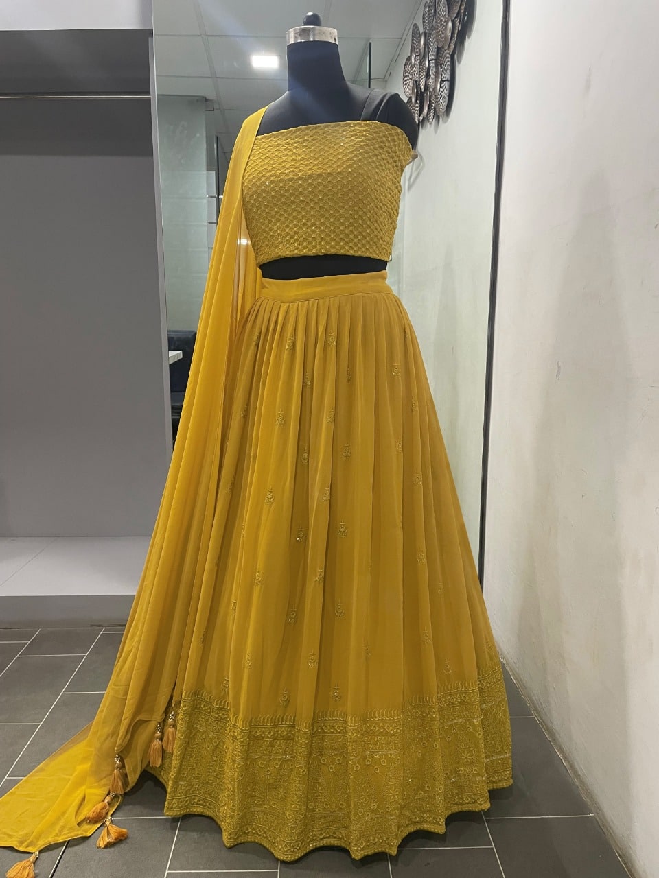 Mustard Yellow Lehenga Choli In Georgette Silk With Sequence Embroidery Work