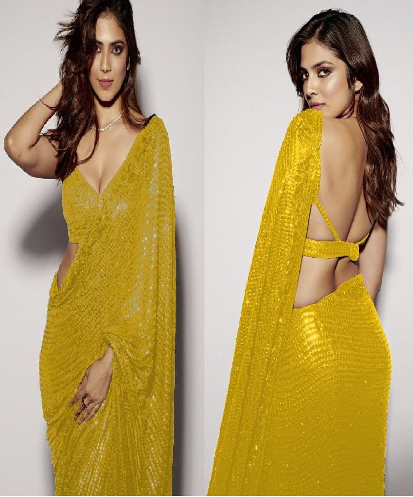 Mustard Yellow Saree In Georgette Silk With Sequence Work