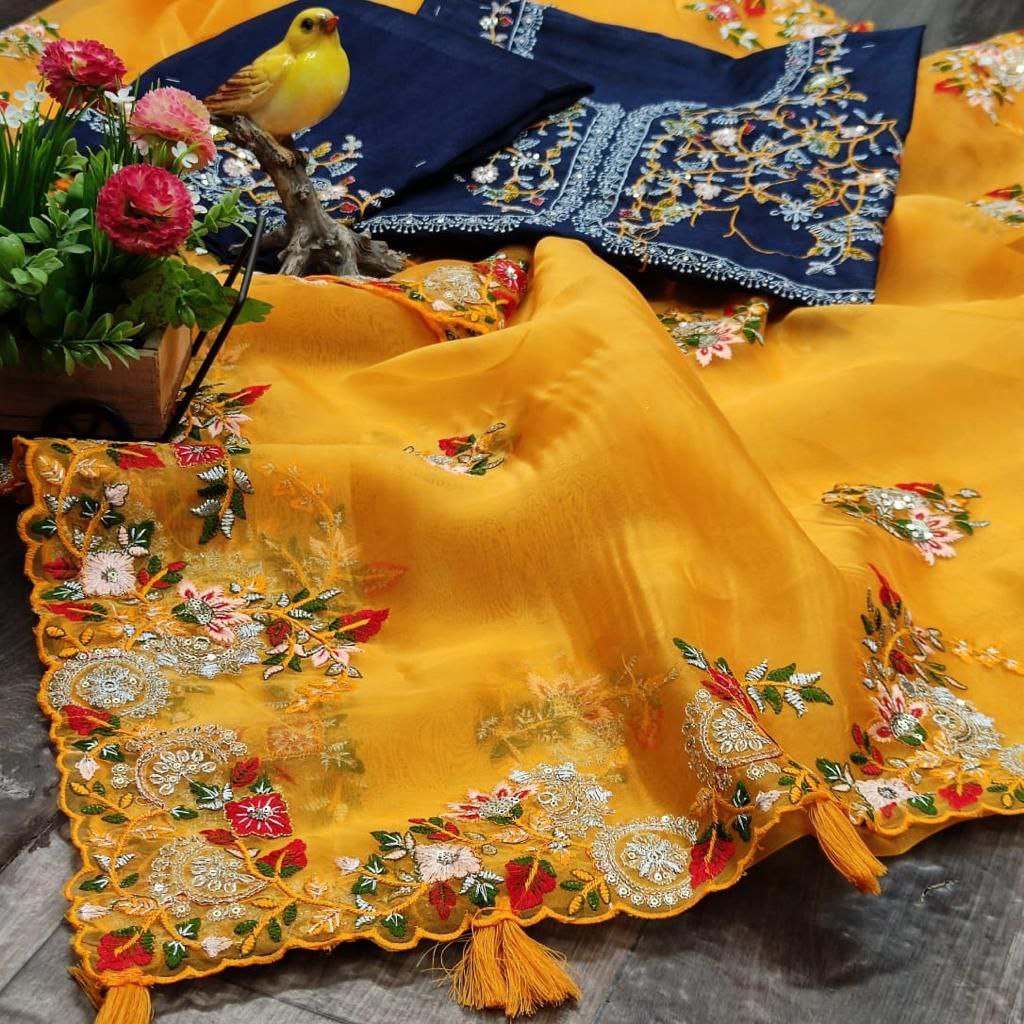 Mustard Yellow Saree In Organza Silk With Embroidery Work