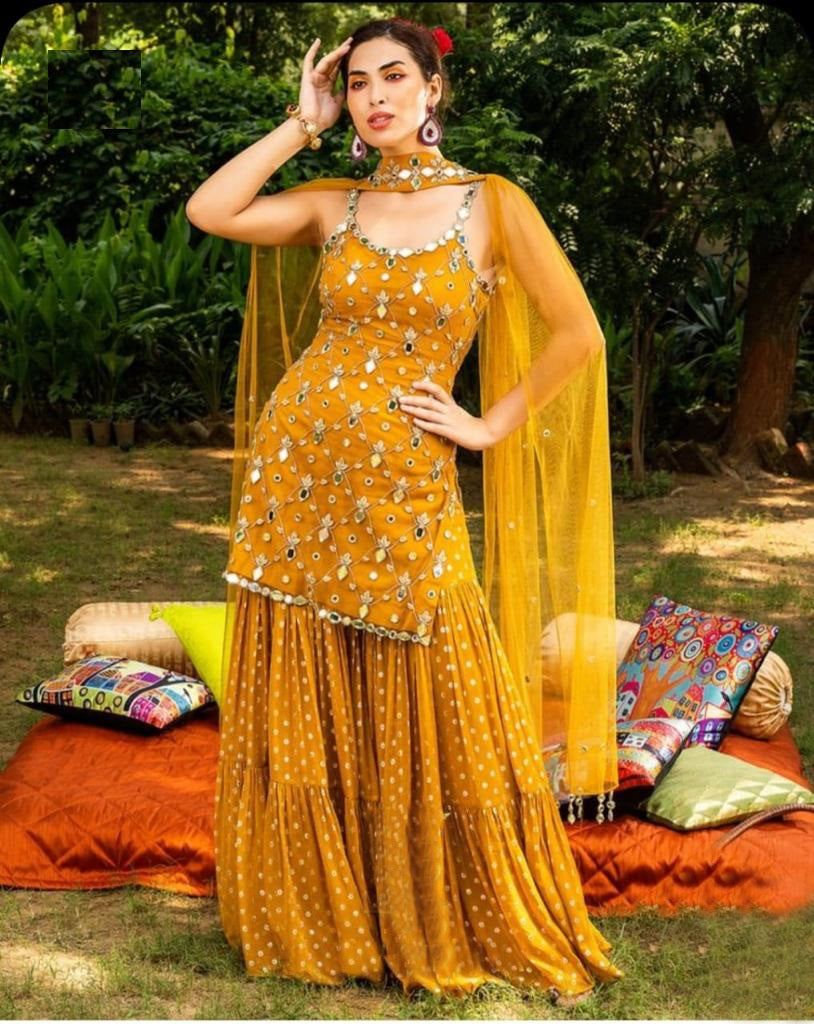 Mustard Yellow Salwar Suit In Georgette Silk With Paper Mirror Work