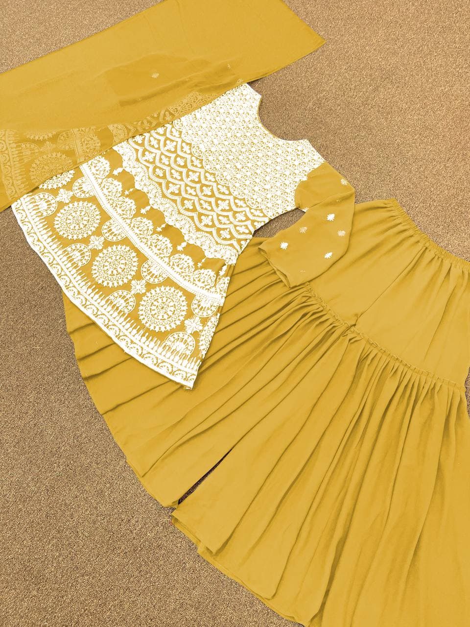 Mustard Yellow Salwar Suit In Heavy Faux Georgette With Embroidery Work