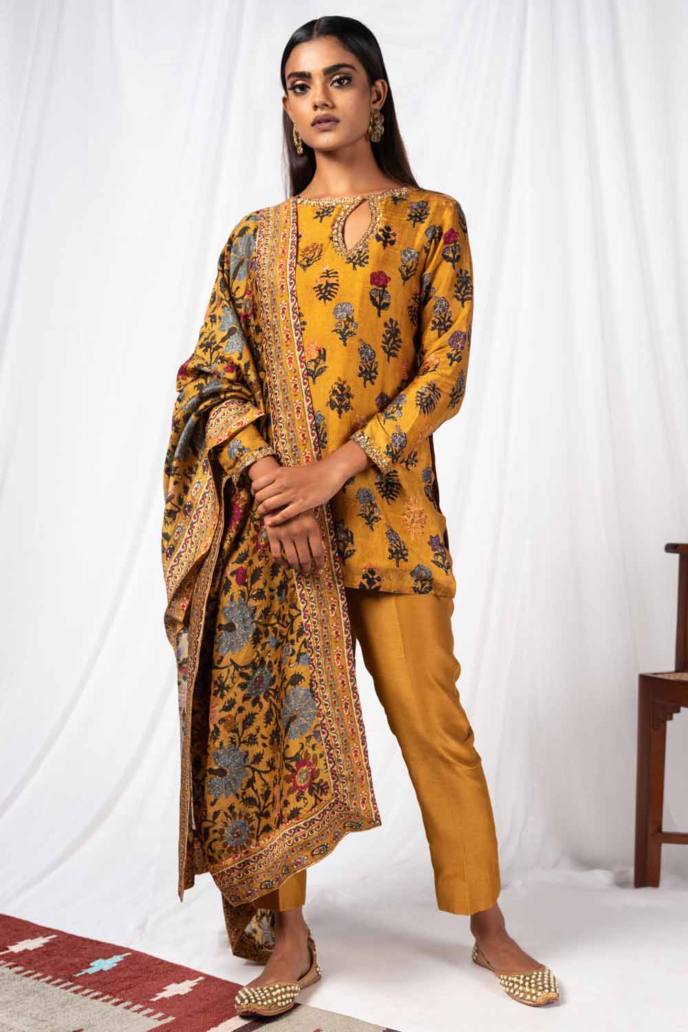 Mustard Yellow Salwar Suit In Italian Silk With Digital Print