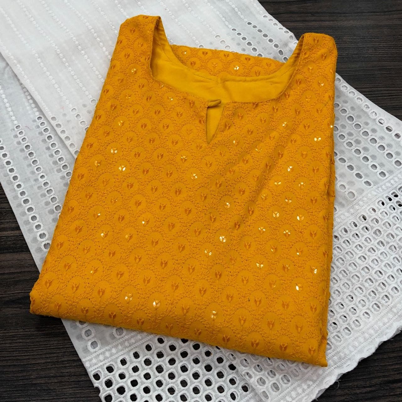 Mustard Yellow Salwar Suit In Ryon Cotton With Chikankari Embroidery Work