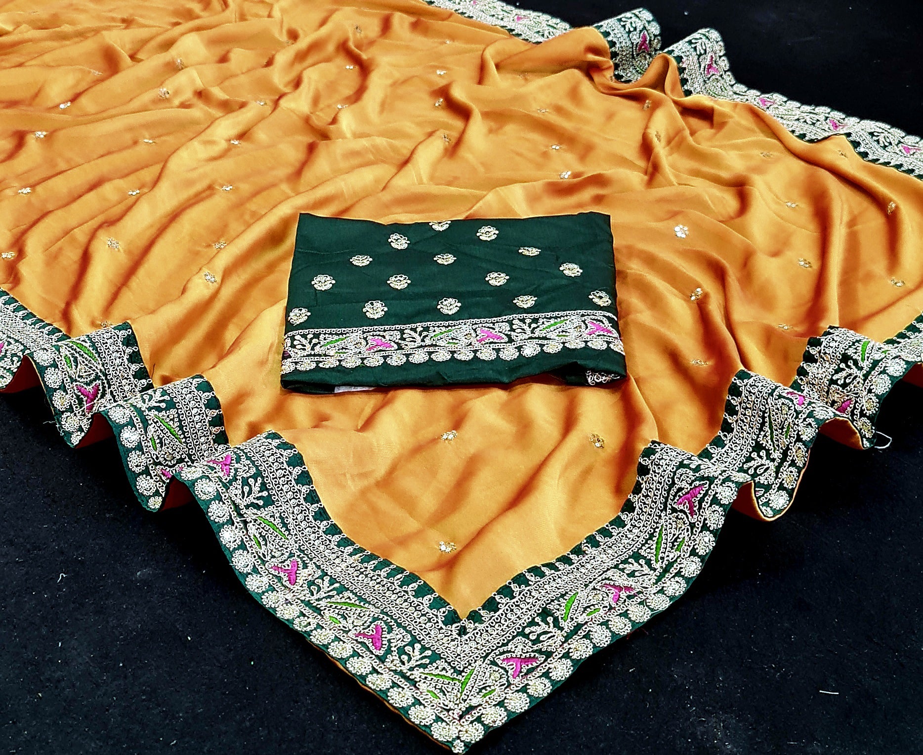 Mustard Yellow Saree In Rangoli Gerogett Silk With Fancy Thread Work