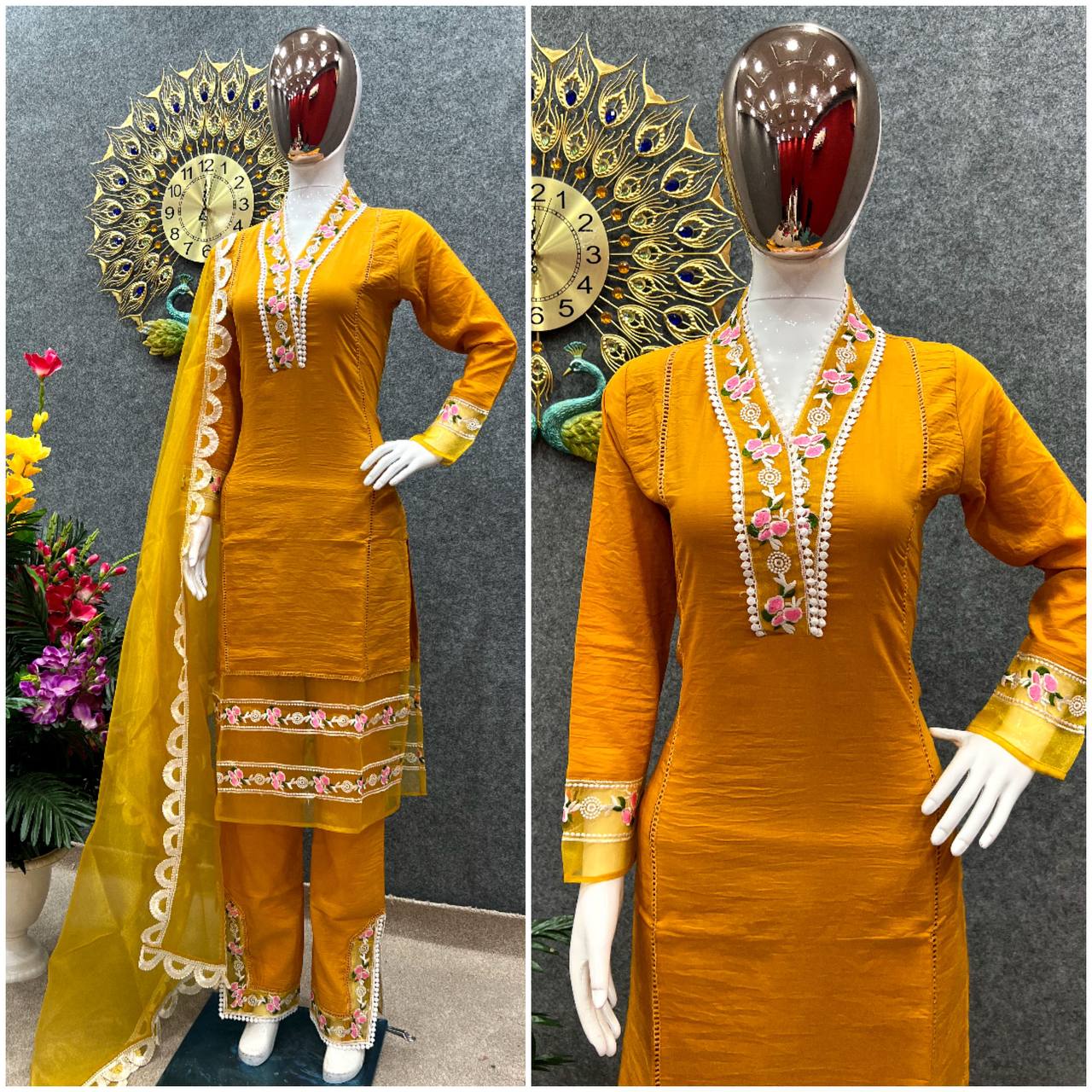 Mustard Yellow Salwar Suit In Soft Maska Cotton Silk With Embroidery Work