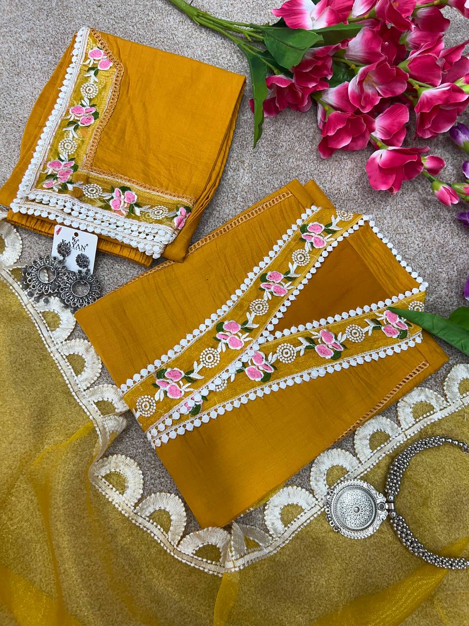 Mustard Yellow Salwar Suit In Soft Maska Cotton Silk With Embroidery Work