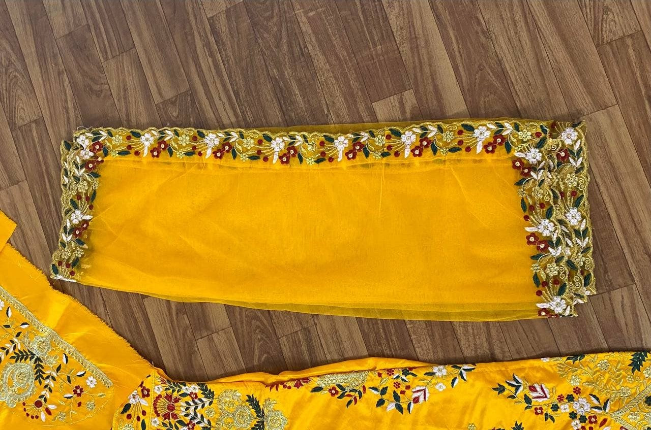 Mustard yellow Lehenga Choli In Raw Micro Silk With Cording Embroidery Work
