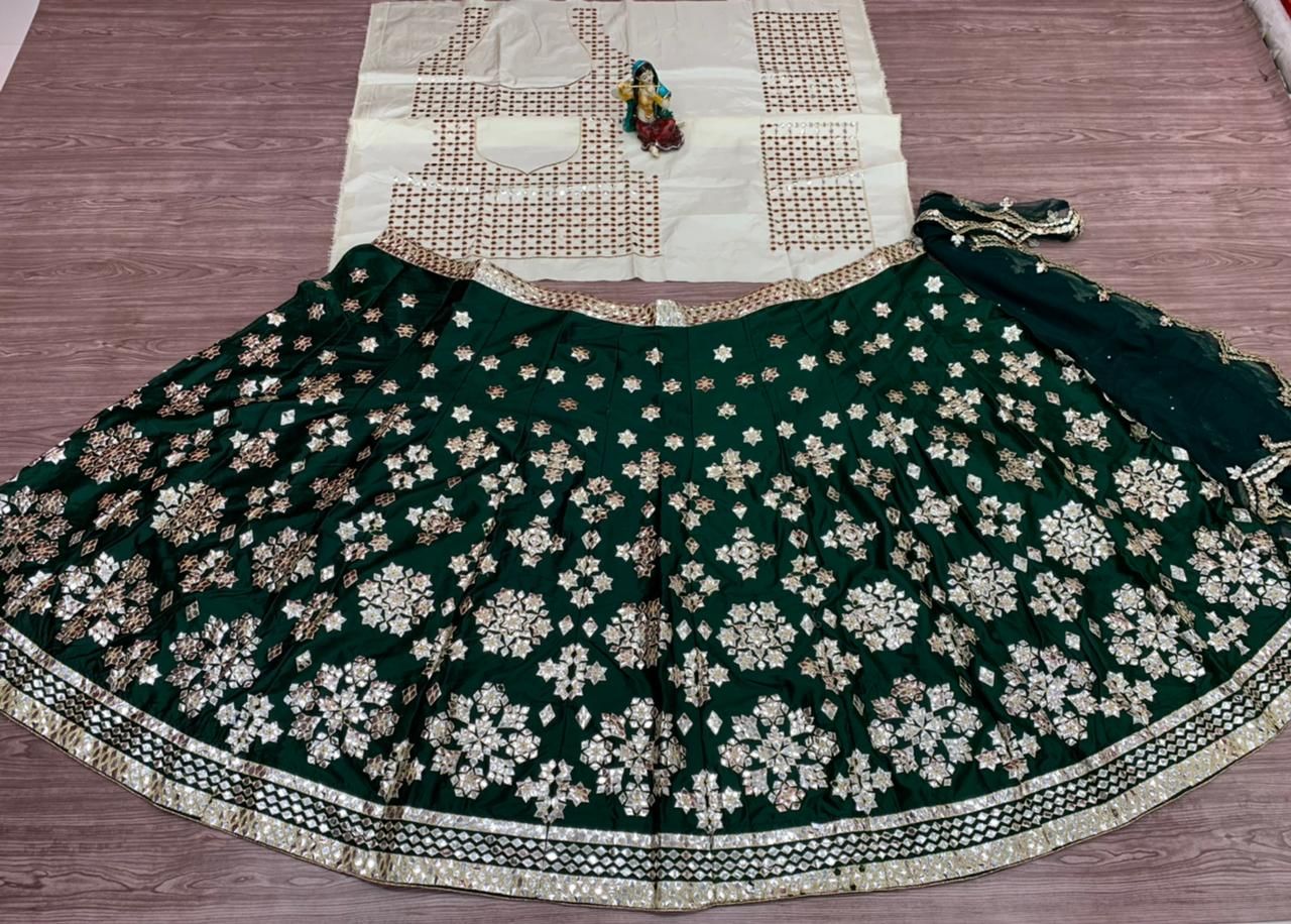 Bottle Green Lehenga Choli In Heavy Satin Silk With Paper Mirror Work