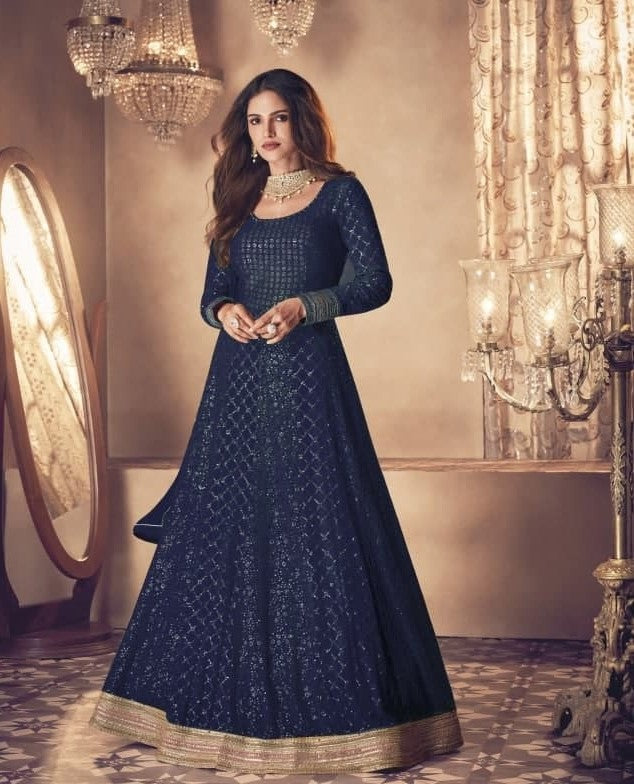 Navy Blue Gown In Heavy Bluming Georgette With Sequence Embroidery Work