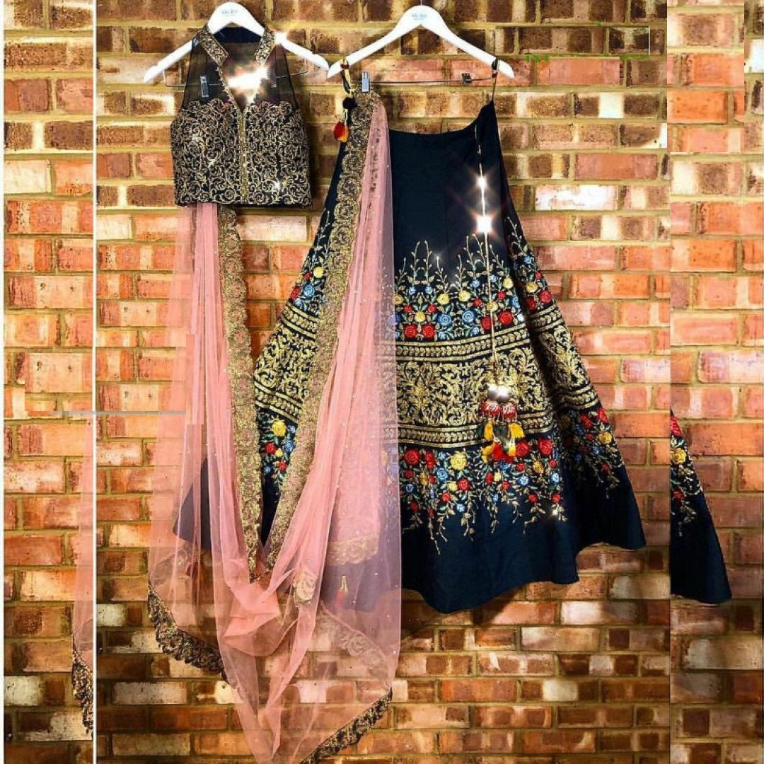 Black Lehenga Choli In Taffeta Silk With Embroidery Work