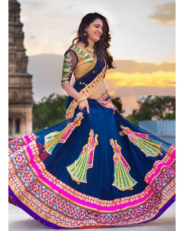 Navy Blue Lehenga Choli In 60 GM Georgette With Foil Mirror Work