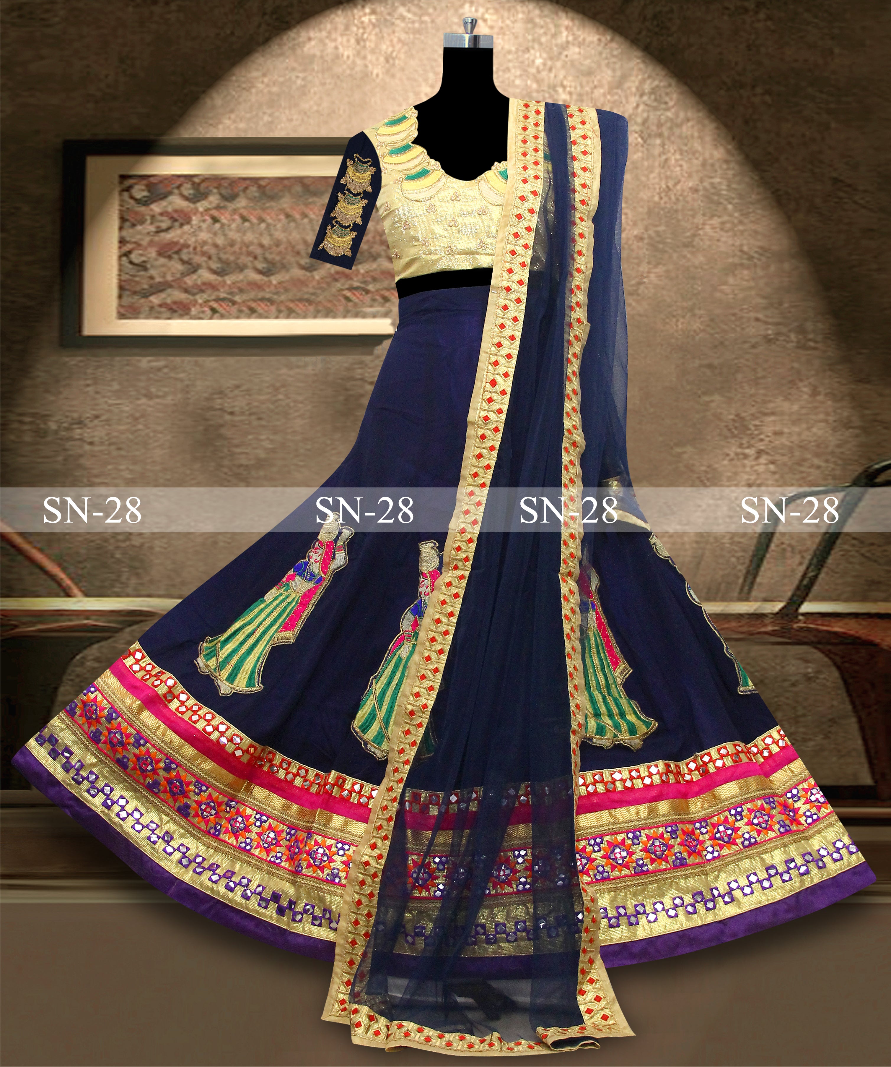 Navy Blue Lehenga Choli In 60 GM Georgette With Foil Mirror Work