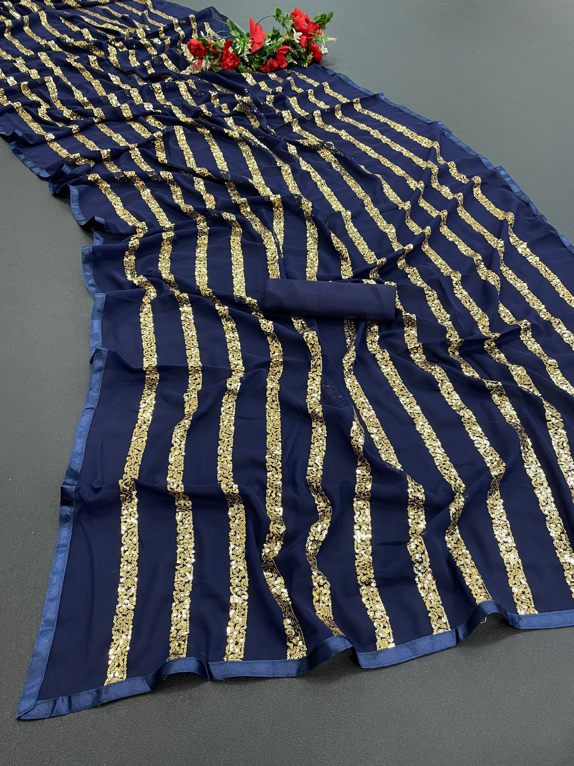 Navy Blue Saree In 60 GM Georgette With Sequence Work