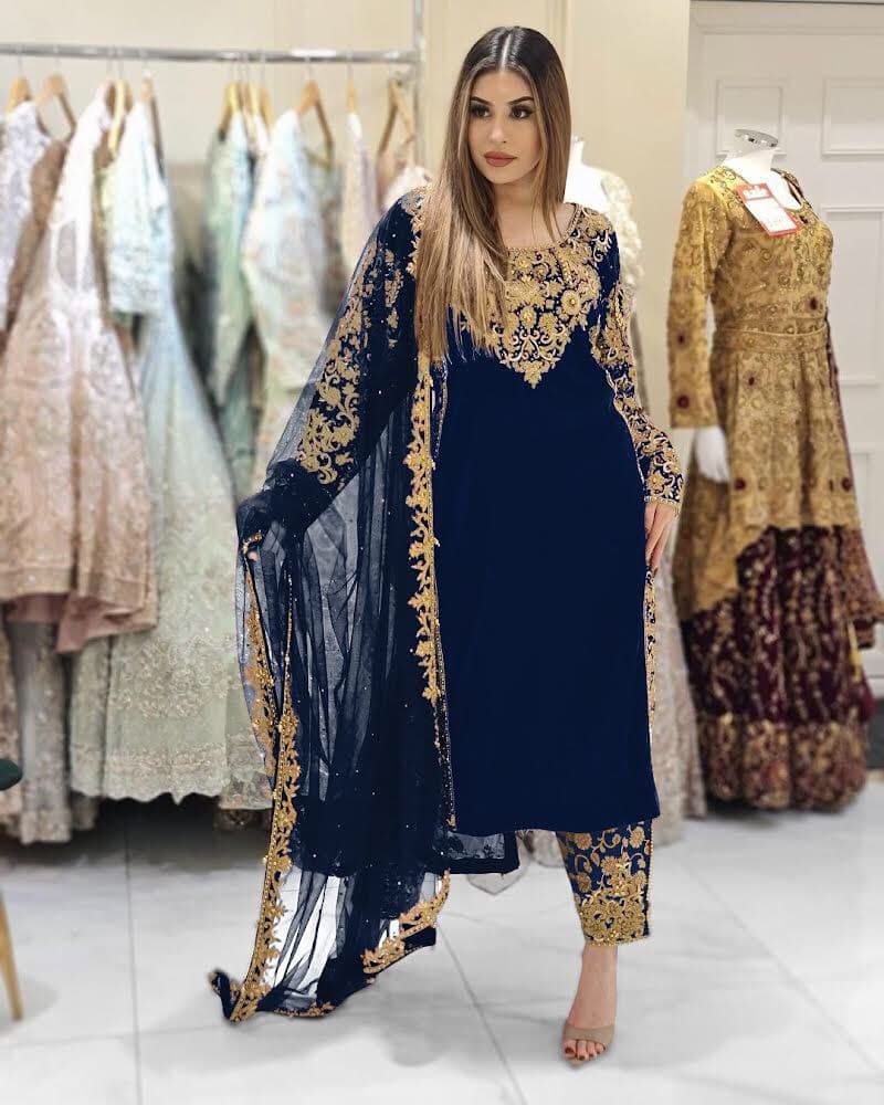 Navy Blue Salwar Suit In 9000 Velvet With Embroidery Work