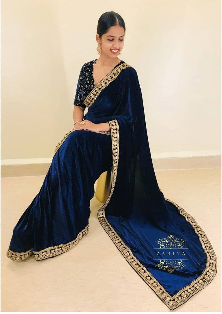 Navy Blue Saree In 9000 Velvet With Sequence Dori Embroidery Work