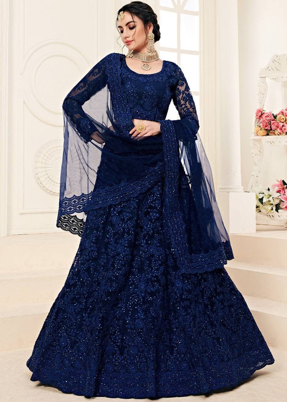 Navy Blue Lehenga Choli In Butterfly Mono Net With Embroidery Work