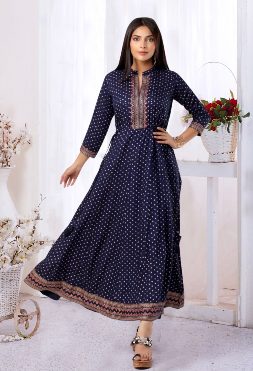 Navy Blue Anarkali Suit In Ryon Cotton With Foil Print Work