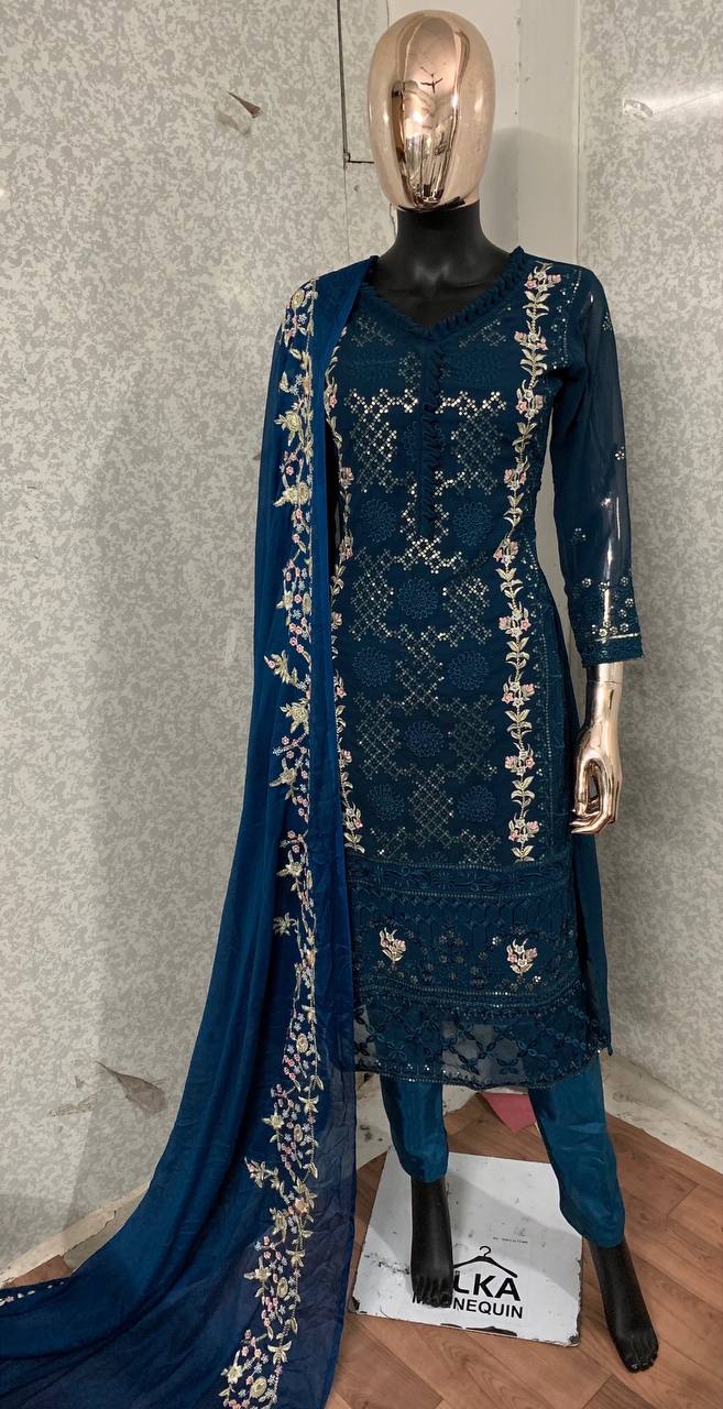 Navy Blue Salwar Suit Faux Georgette With Embroidery Work