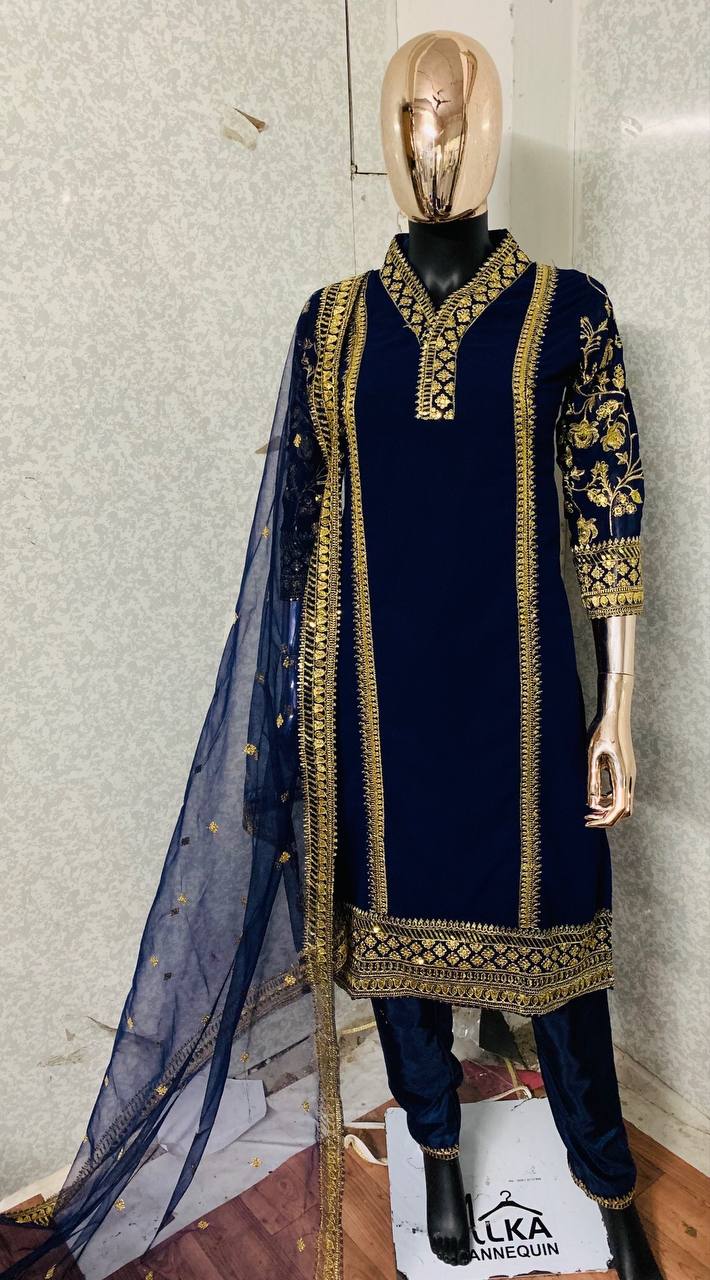 Navy Blue Salwar Suit In Faux Georgette With Embroidery Work