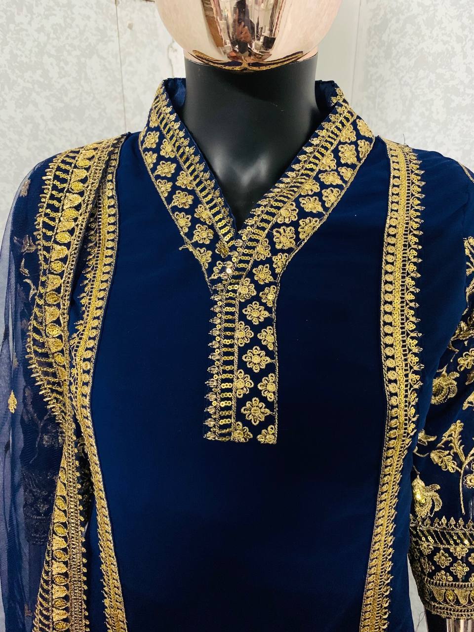 Navy Blue Salwar Suit In Faux Georgette With Embroidery Work