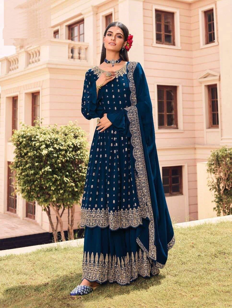 Navy Blue Salwar Suit In Faux Georgette With Embroidery Work