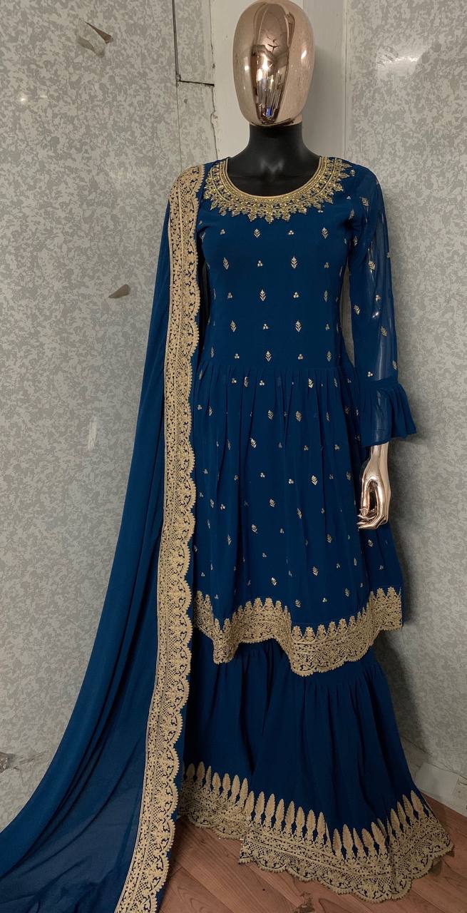 Navy Blue Salwar Suit In Faux Georgette With Embroidery Work