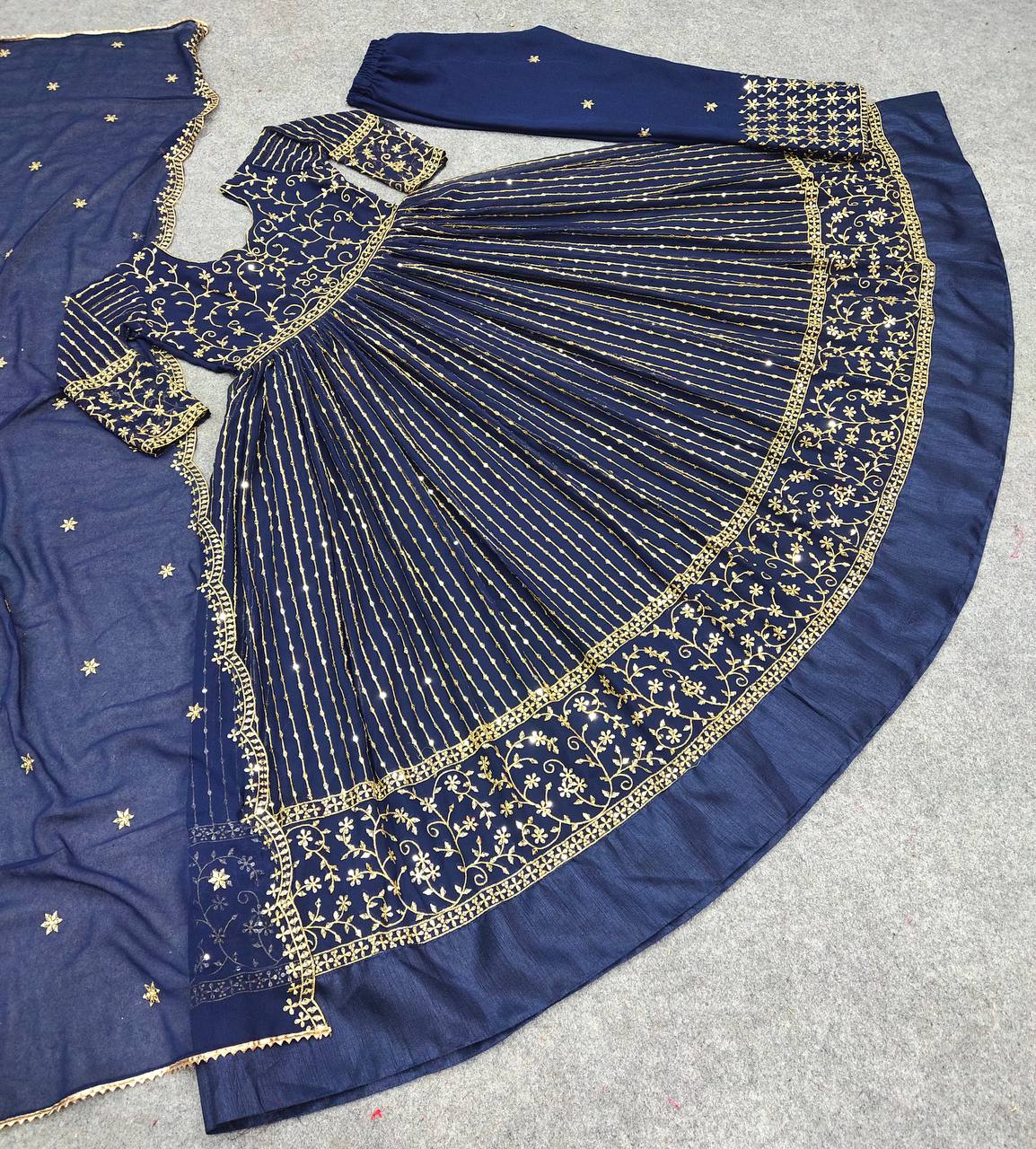 Navy Blue Anarkali Suit In Fox Georgette With Embroidery Work