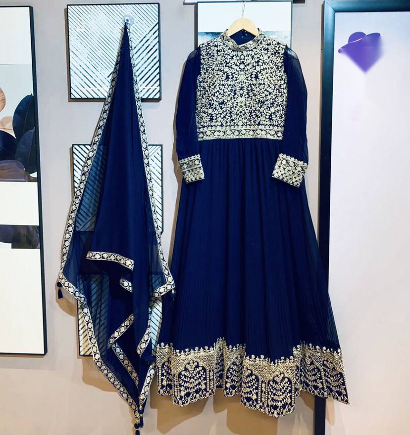 Navy Blue Anarkali Suit In Fox Georgette With Embroidery Work