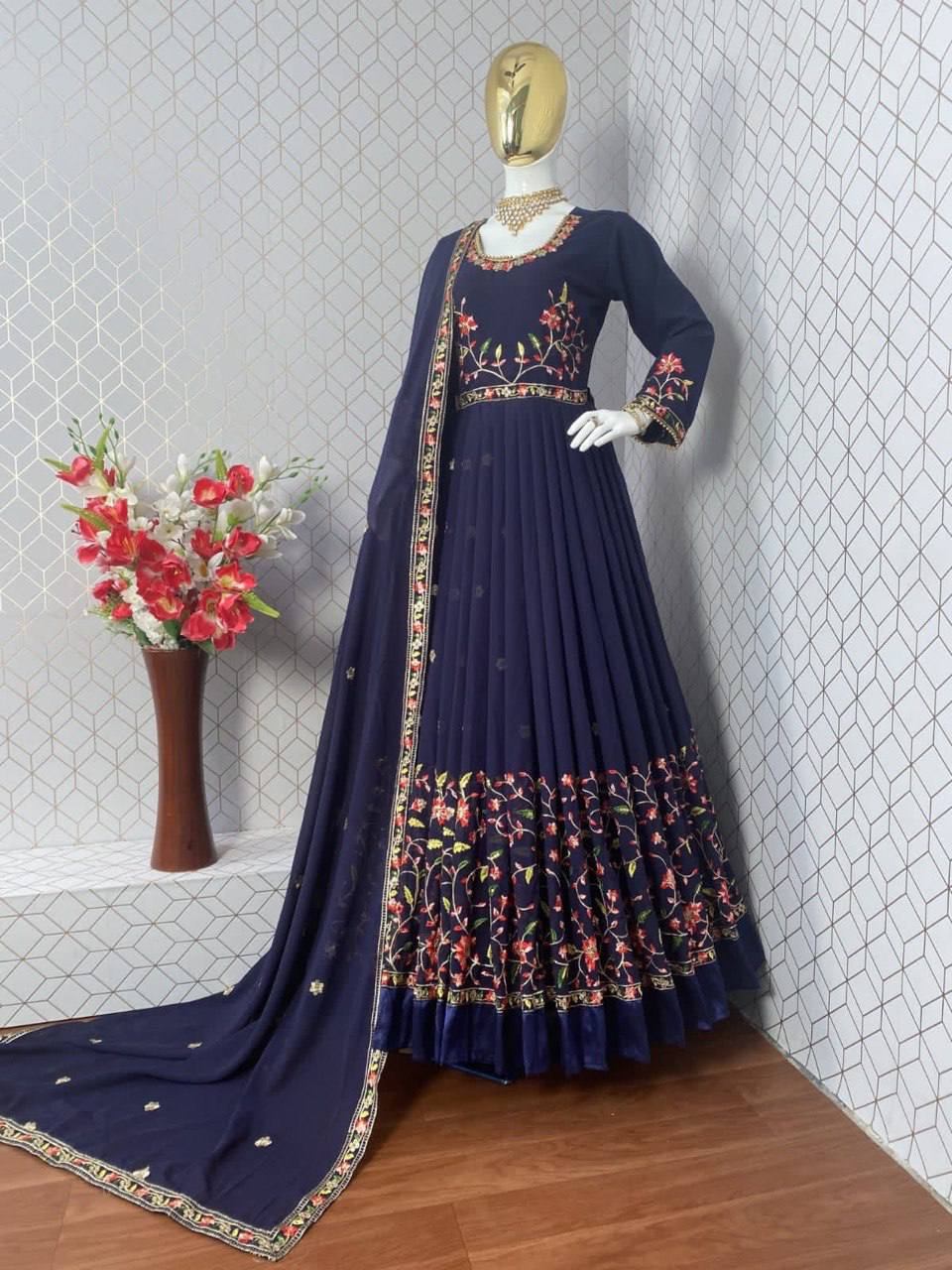 Navy Blue Anarkali Suit In Fox Georgette With Embroidery Work