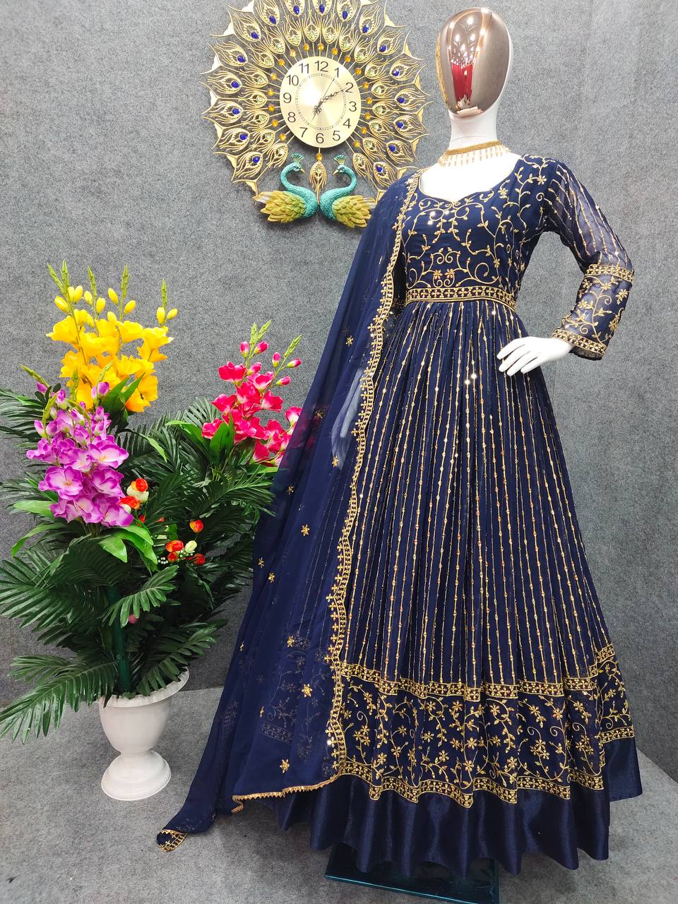 Navy Blue Anarkali Suit In Fox Georgette With Embroidery Work