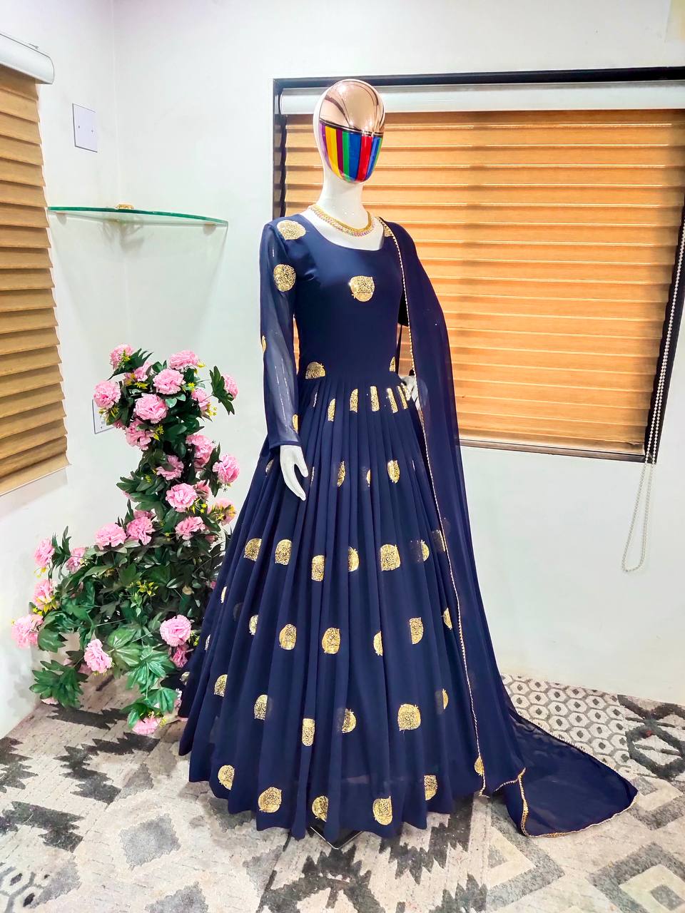 Navy Blue Anarkali Suit In Fox Georgette With Embroidery Work