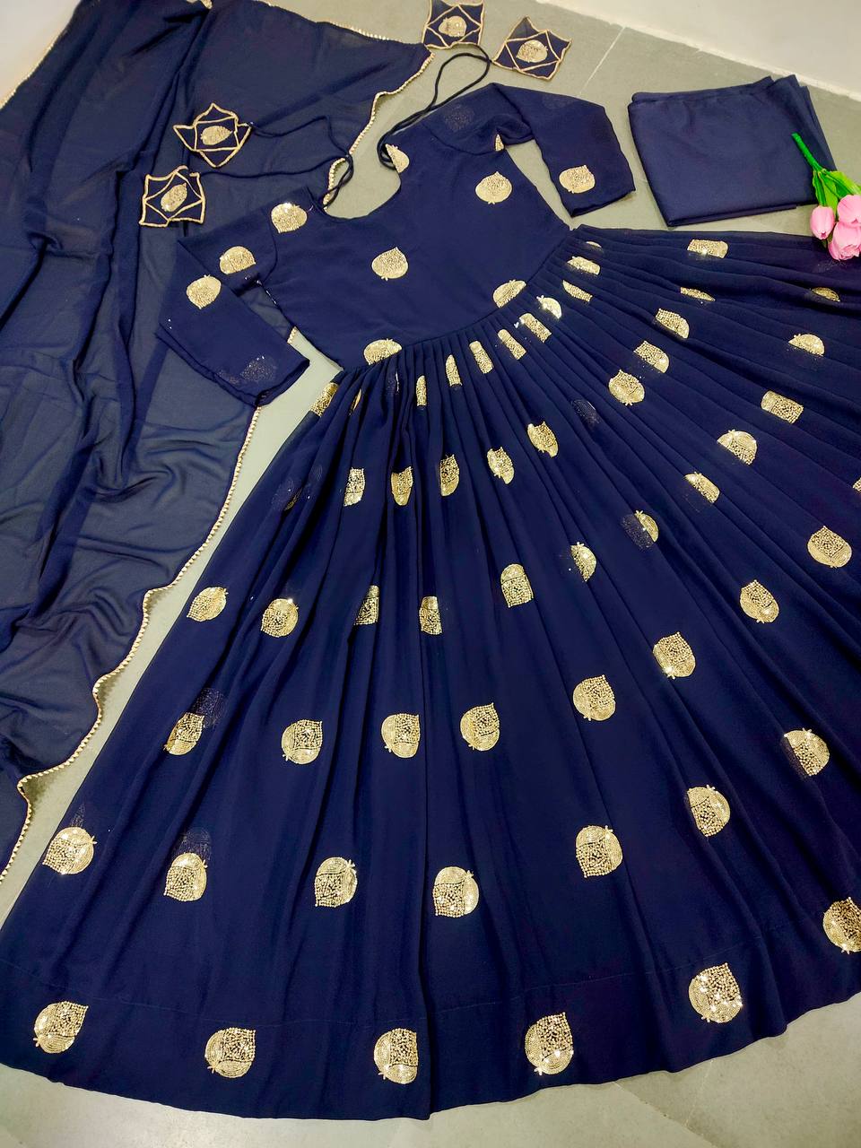 Navy Blue Anarkali Suit In Fox Georgette With Embroidery Work