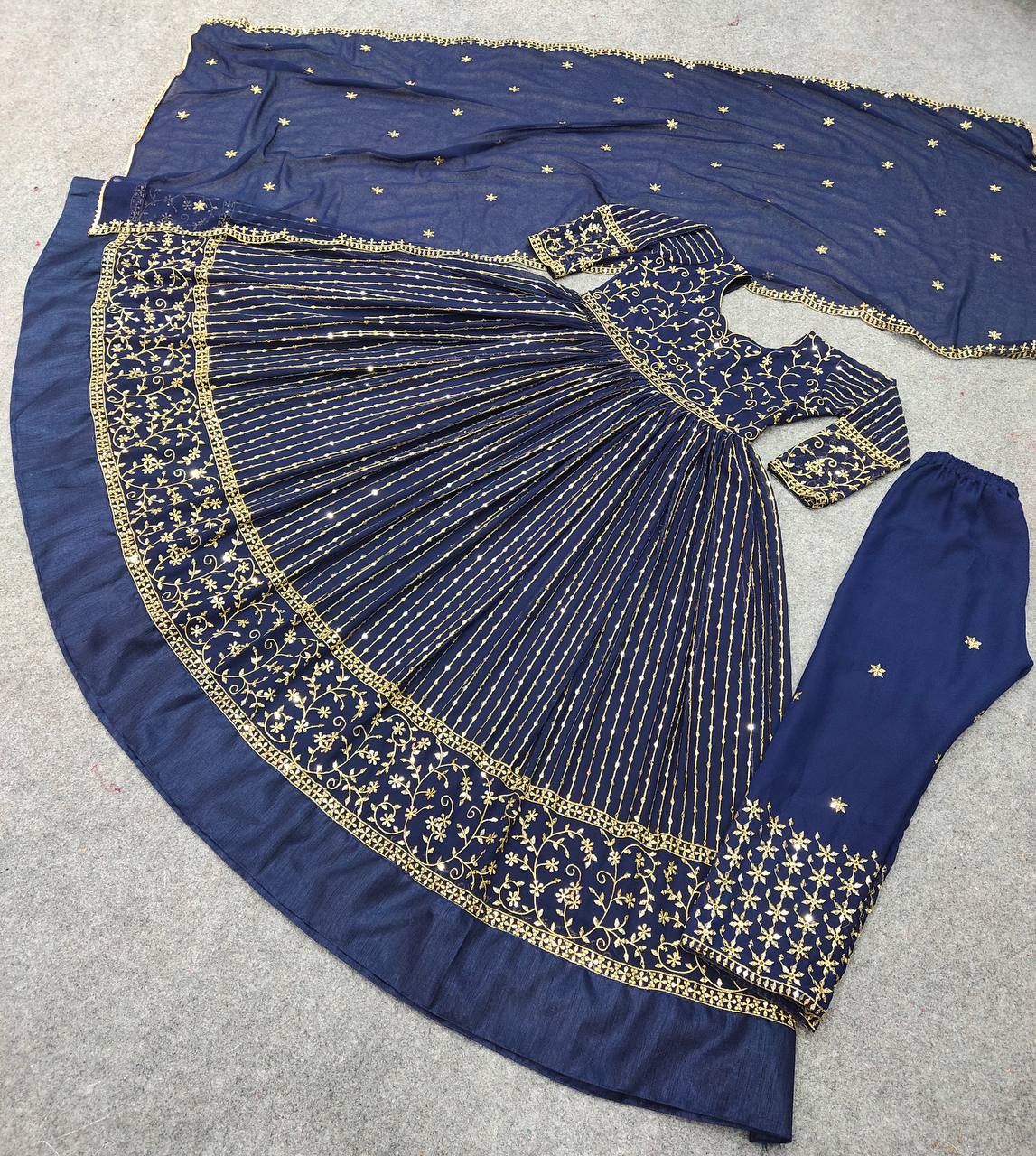 Navy Blue Anarkali Suit In Fox Georgette With Embroidery Work