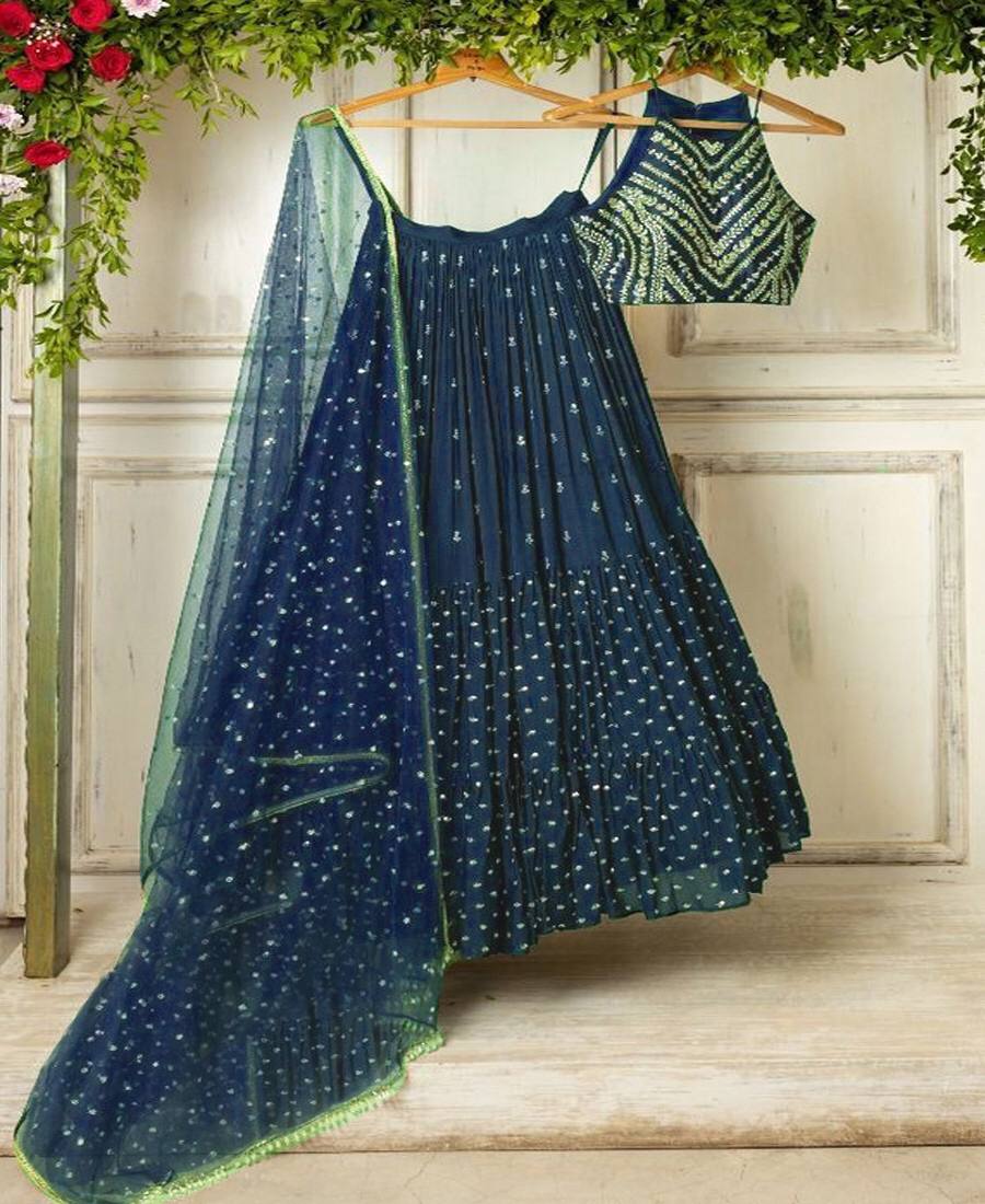 Navy Blue Lehenga Choli In Fox Georgette With Embroidery Work