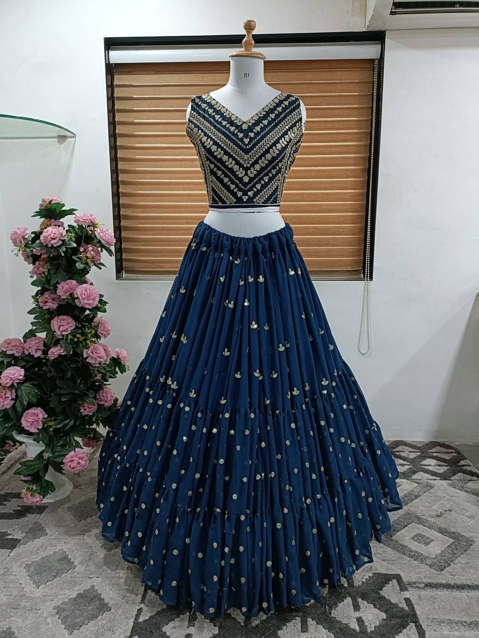 Navy Blue Lehenga Choli In Fox Georgette With Embroidery Work