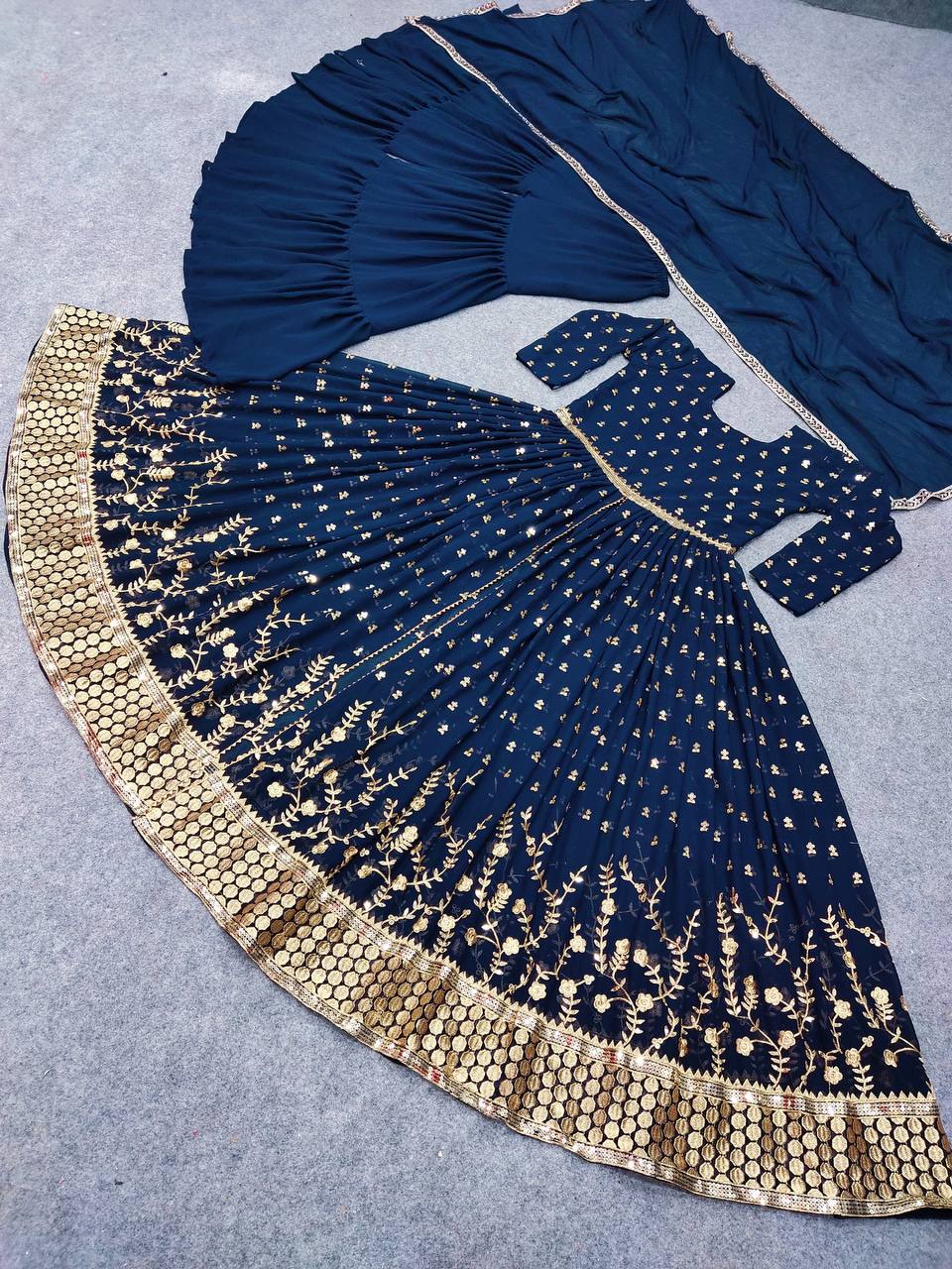 Navy Blue Sharara Suit In Fox Georgette With Embroidery Work