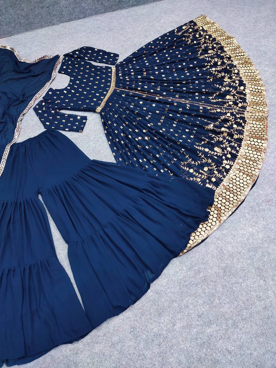 Navy Blue Sharara Suit In Fox Georgette With Embroidery Work