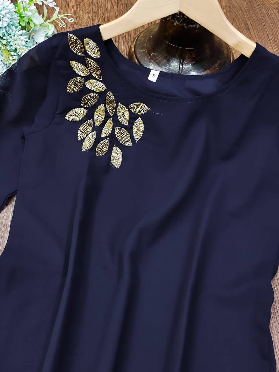 Navy Blue Kurti In Fox Georgette With Hand Work