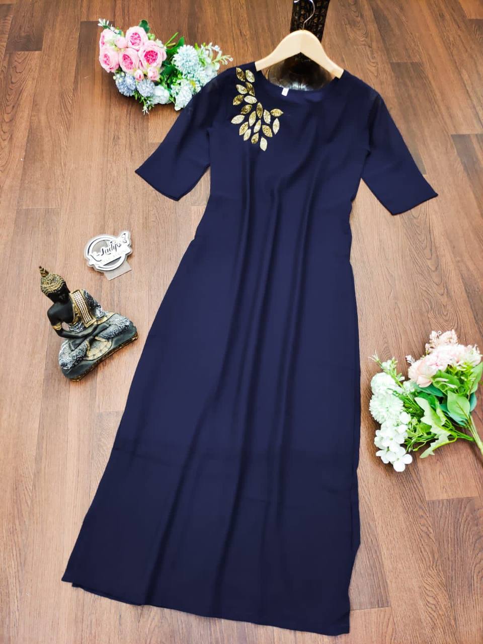 Navy Blue Kurti In Fox Georgette With Hand Work