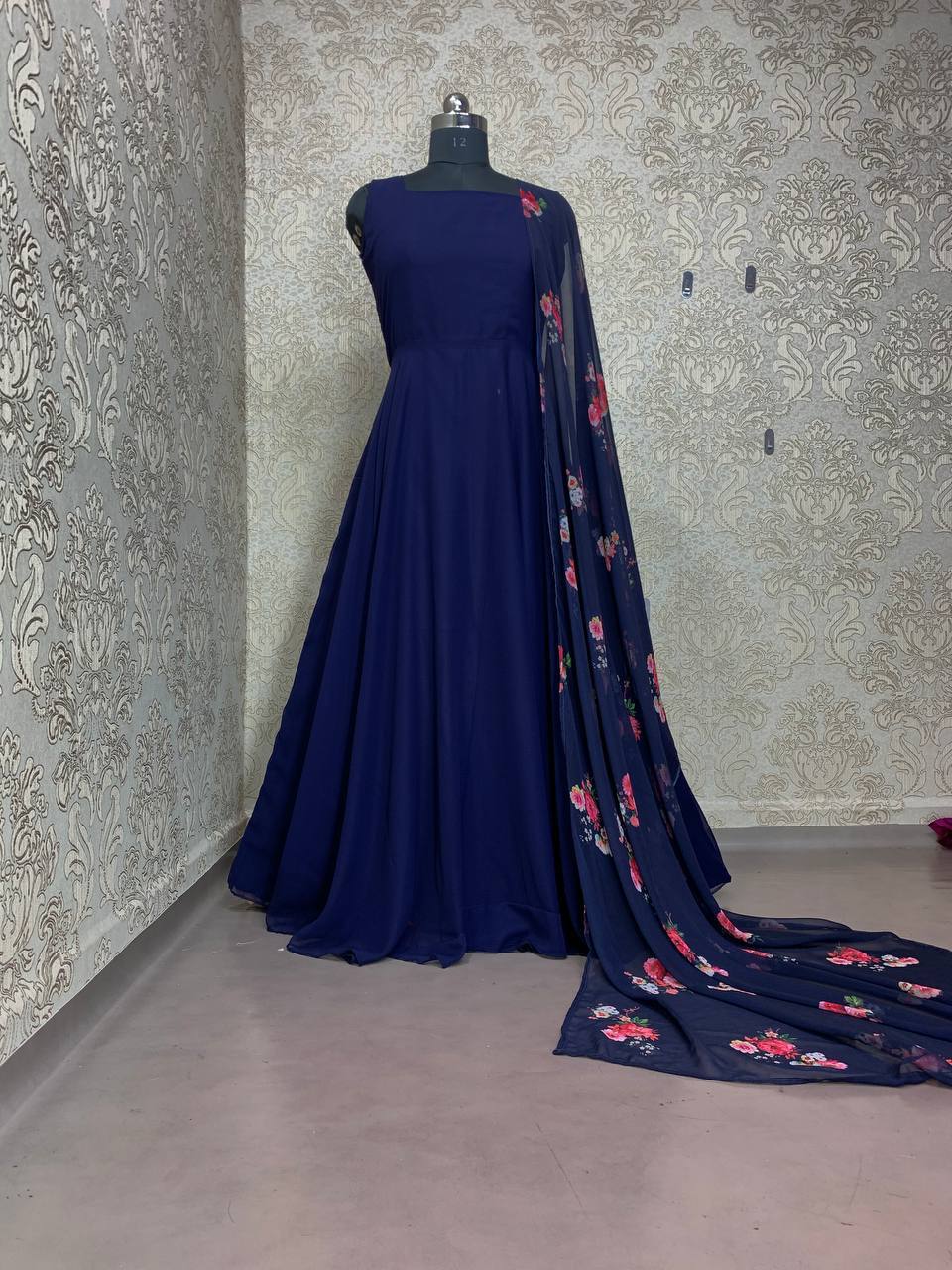 Navy Blue Partywear Embroidered Net Anarkali Suit