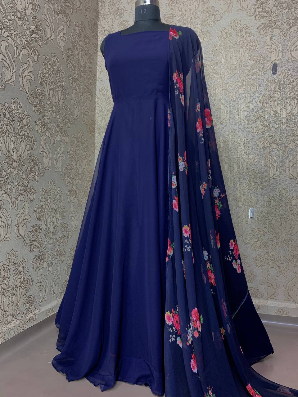 Navy Blue Anarkali Suit In Fox Georgette With Plain