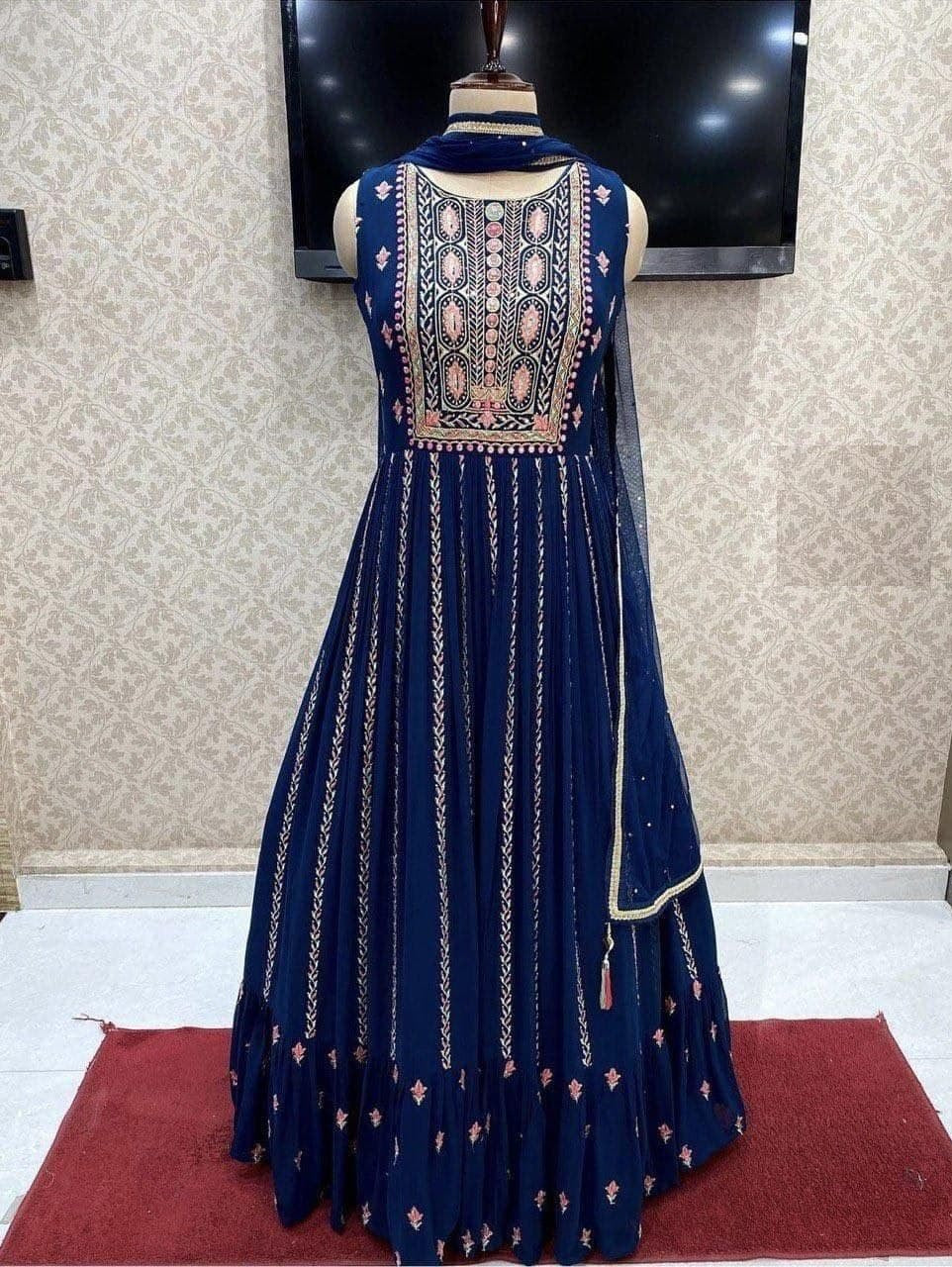 Navy Blue Fox Georgette Silk Embroidery Work Gown