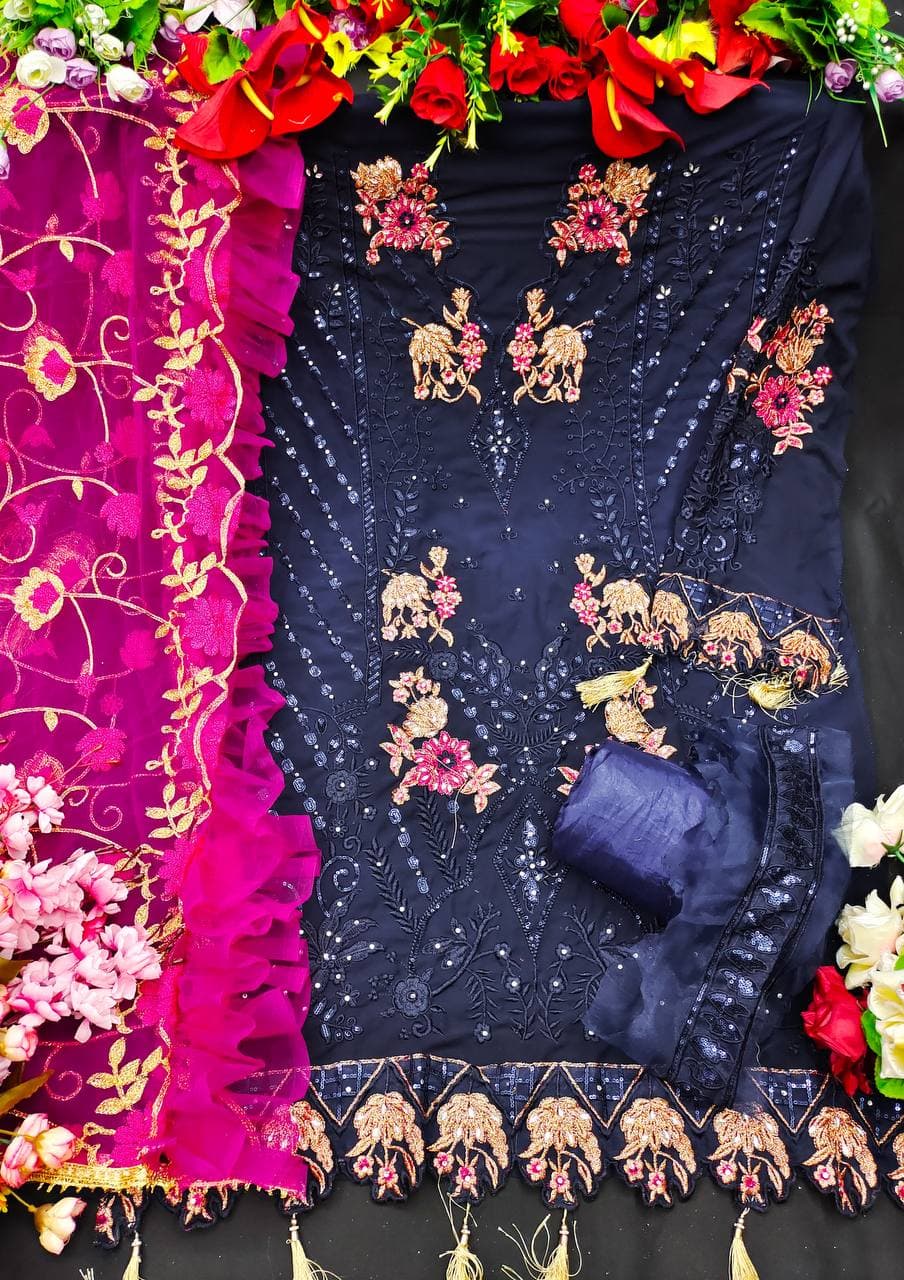 Navy Blue Salwar Suit In Georgette With Embroidery Work