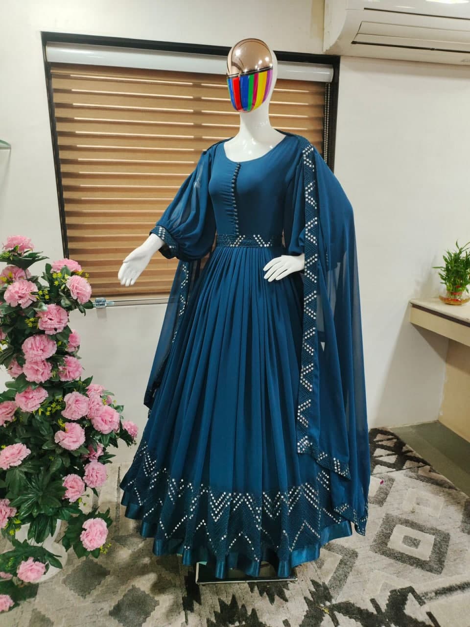 Navy Blue Georgette Mirror Embroidery Work Gown With Fancy Belt