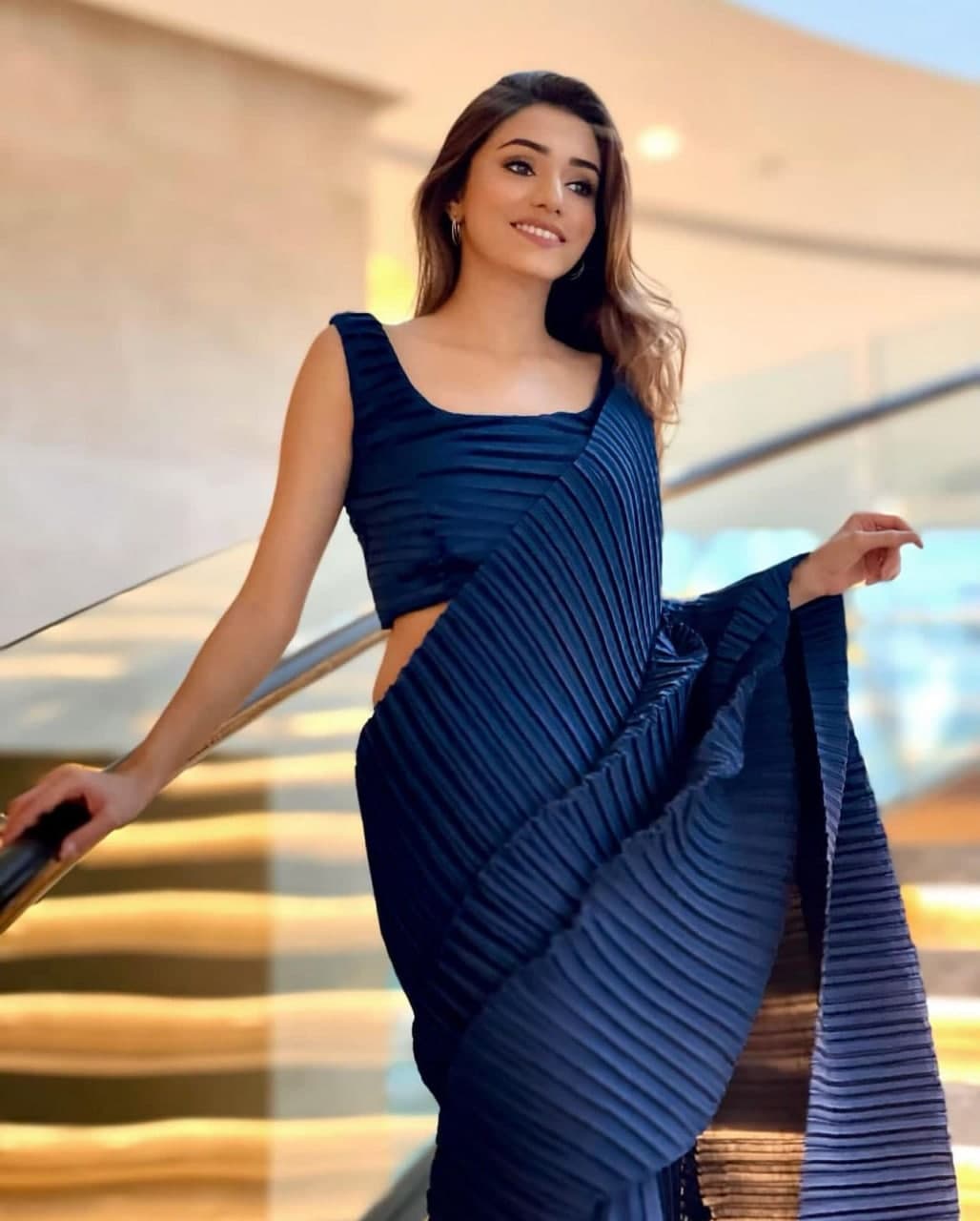 Navy Blue Saree In Georgette With Pleated