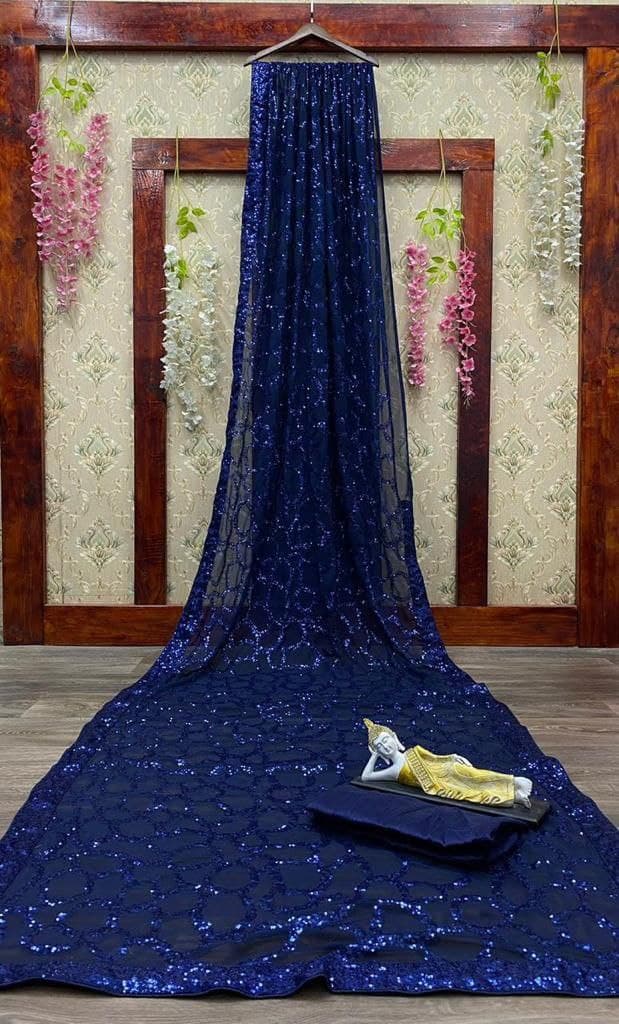 Navy Blue Saree In Georgette With Sequence Embroidery Work