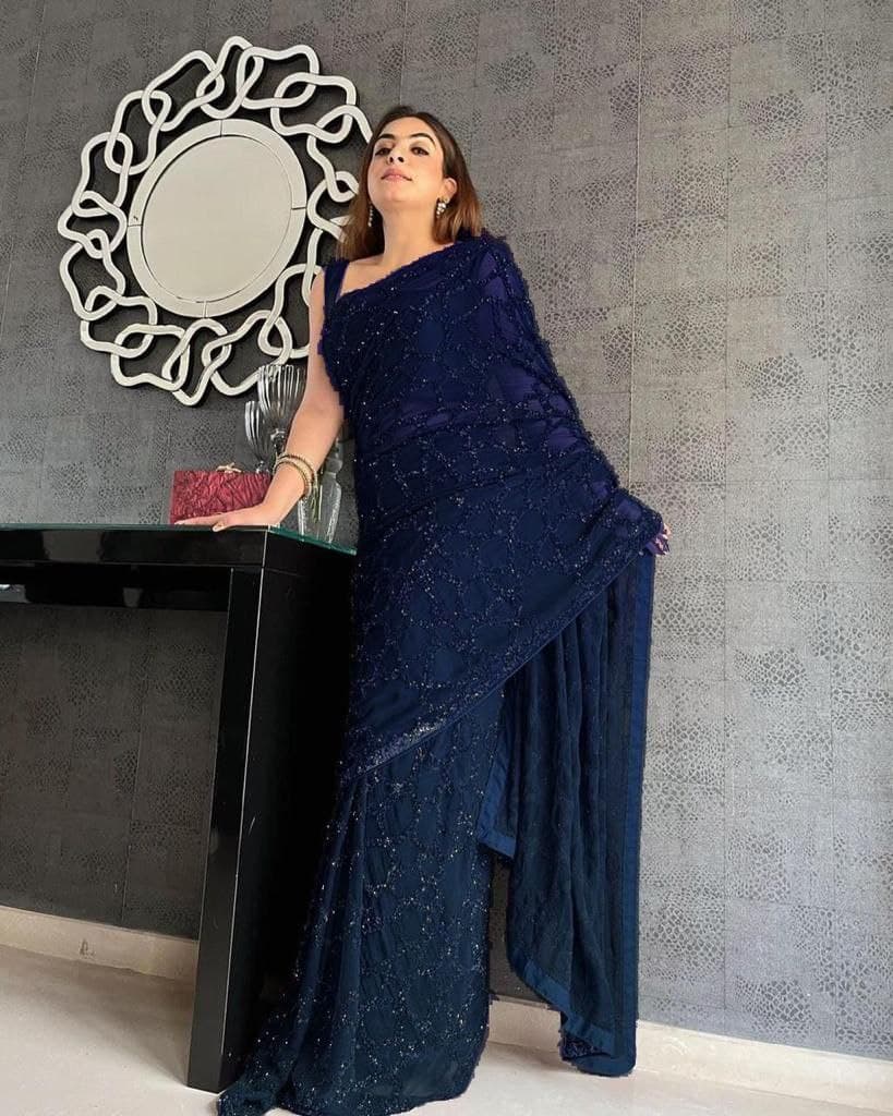 Navy Blue Saree In Georgette With Sequence Embroidery Work