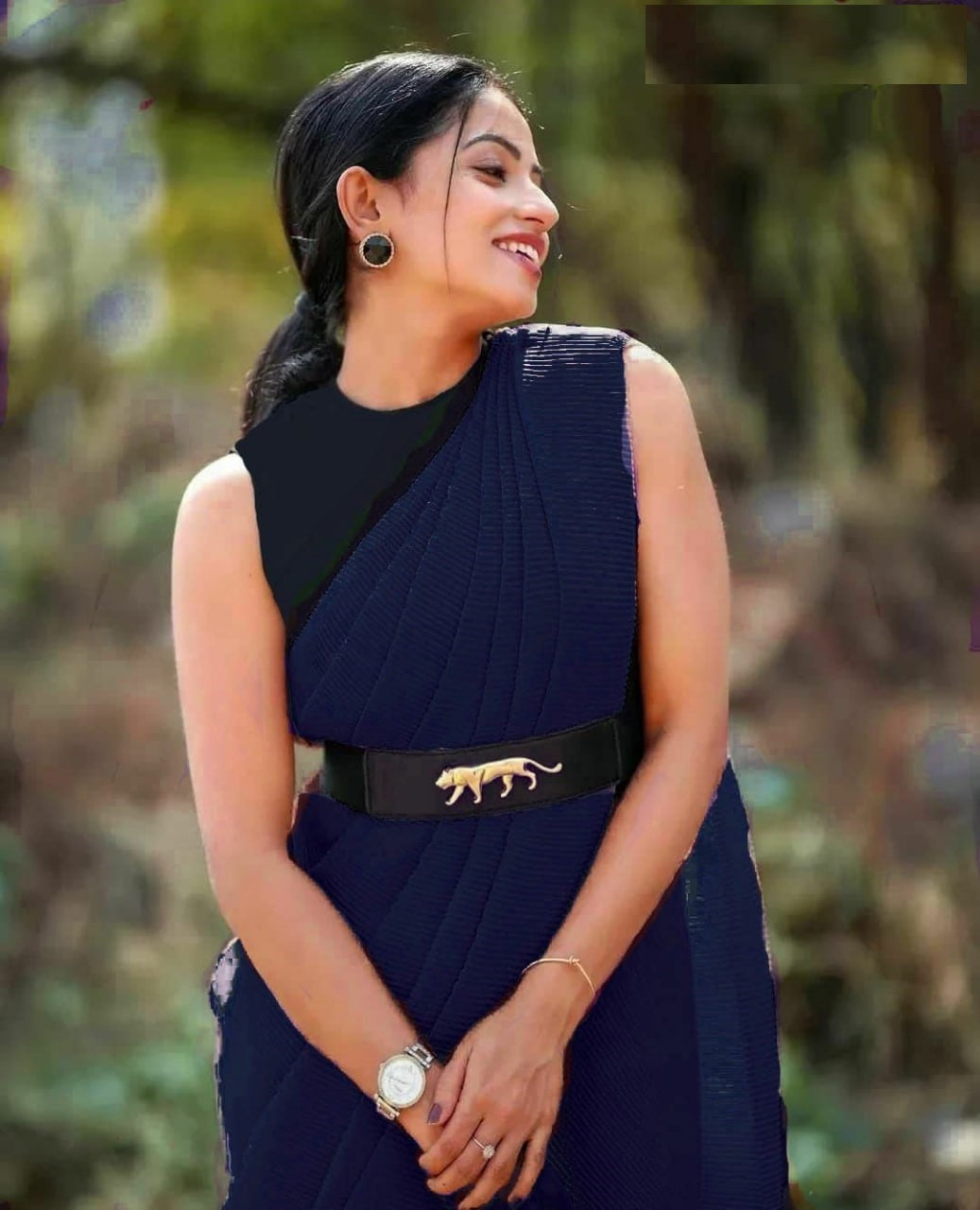 Navy Blue Georgette Silk Blunt Crush Saree With Belt