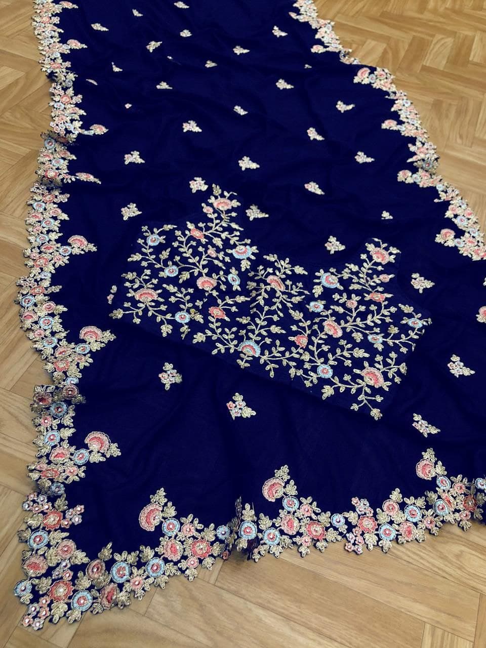 Navy Blue Saree In Georgette Silk With Embroidery Work